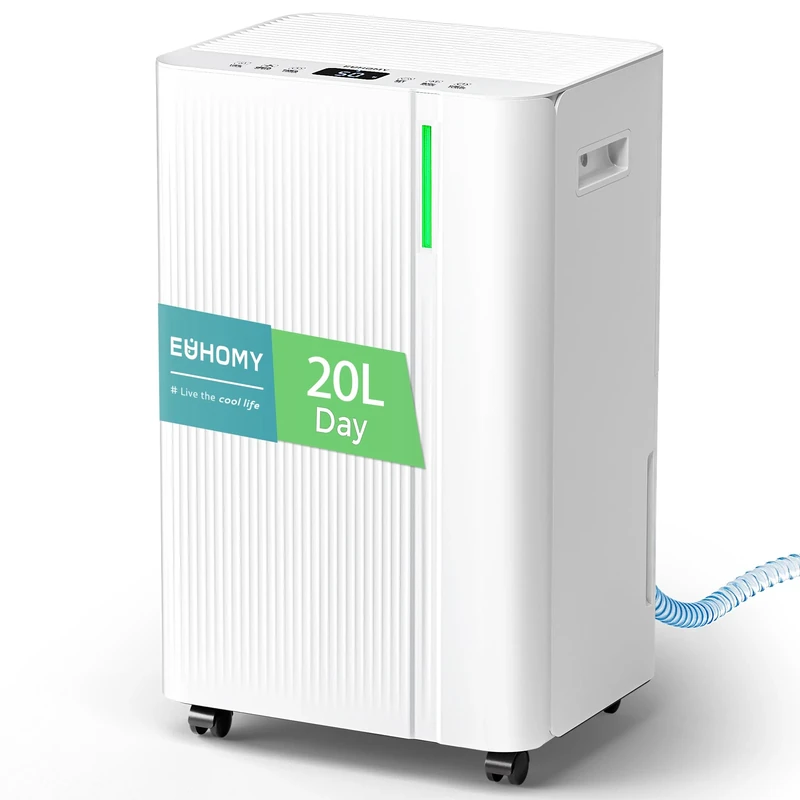 EUHOMY 20L/Day Dehumidifier for Home, Low Energy & Ultra-quiet Smart Electric Dehumidifier with Laundry Mode, with Auto Defrost & Humidity Sensor, 24-Timer, Continuous Drainage, Nylon Filter