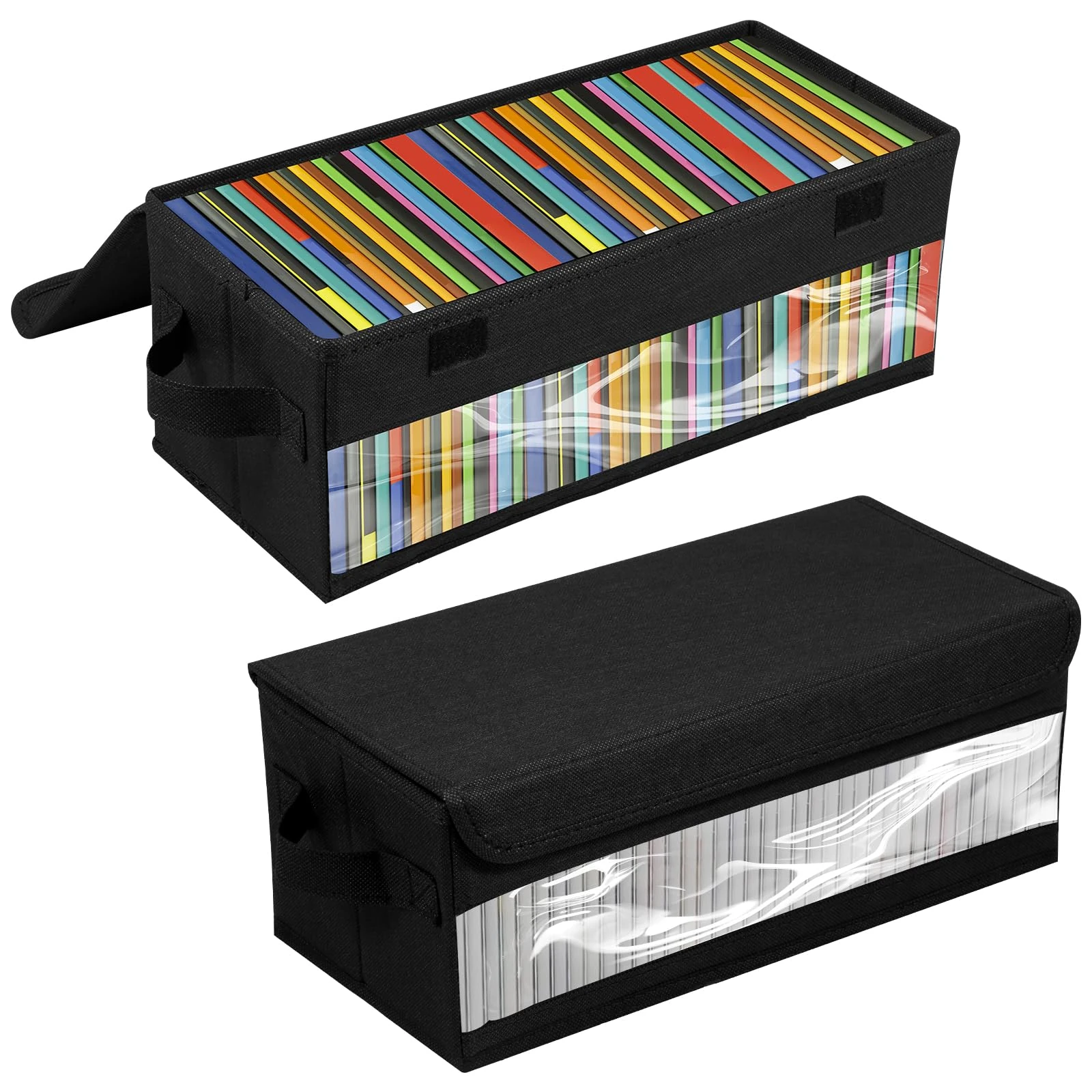 Caffney CD Storage Boxes Pack of 2 CD Case Storage with Lids and Window 13.2 x 5.9 x 5.3 Inch CD Organizer Box Holds 30 CDs in Full Jewel Cases,60 CDs in Slim Cases,and 165 Discs