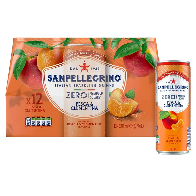 San Pellegrino Italian Sparkling Drinks Zero Sparkling Peach & Clementine Canned Soft Drink 12 x 330ml, 21kCals per can