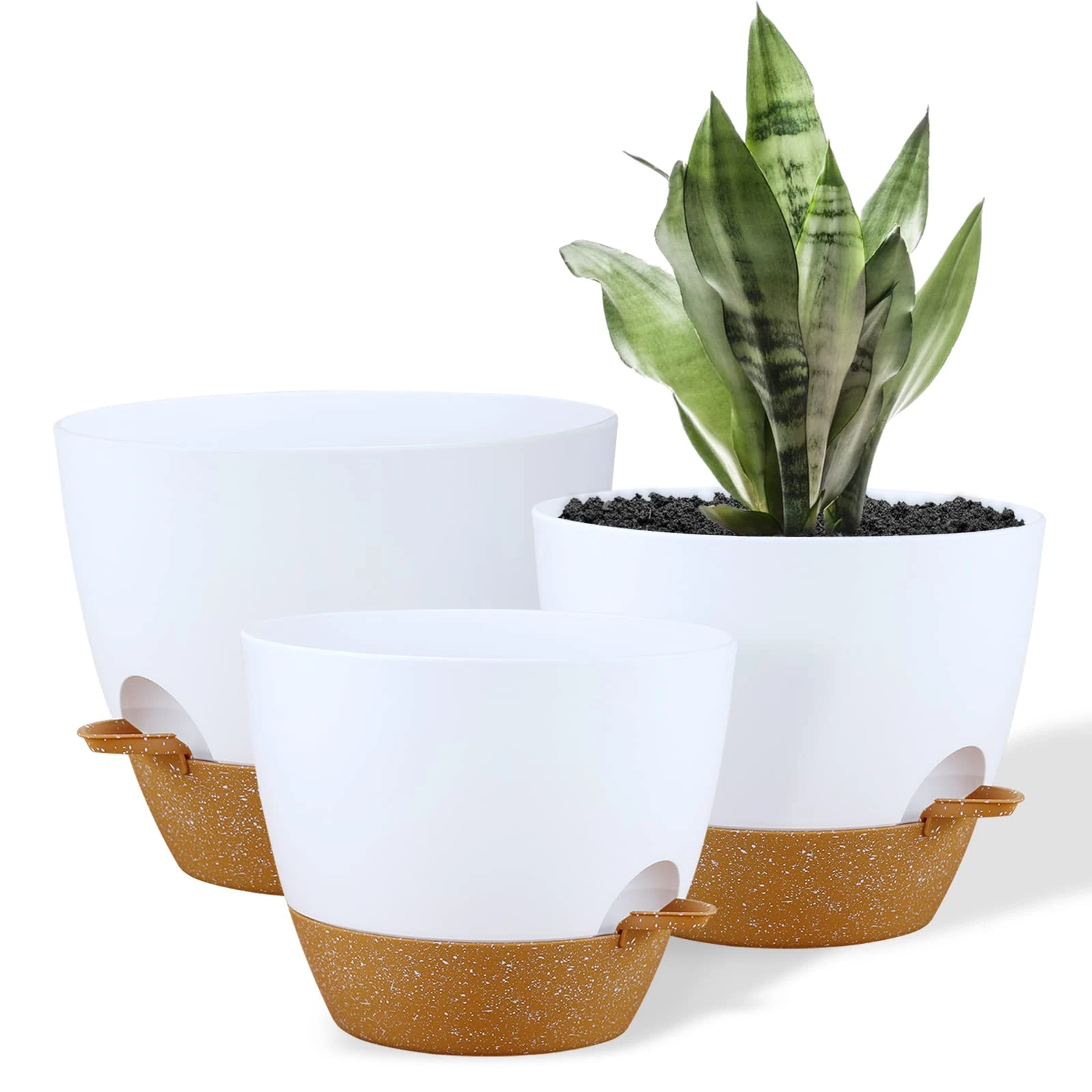 FORAGIFT 25/23/20cm Self-Watering Plant Pots Indoor, 3 Pack Large Plastic Plant Pots with Deep Reservior and High Drainage Holes for Indoor Outdoor Plants and Flowers, White with Terracotta