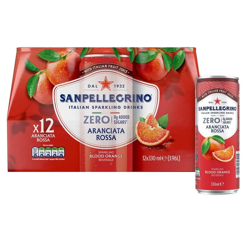 San Pellegrino Italian Sparkling Drinks Zero Sparkling Blood Orange Canned Soft Drink 12 x 330ml | 21kCals per can