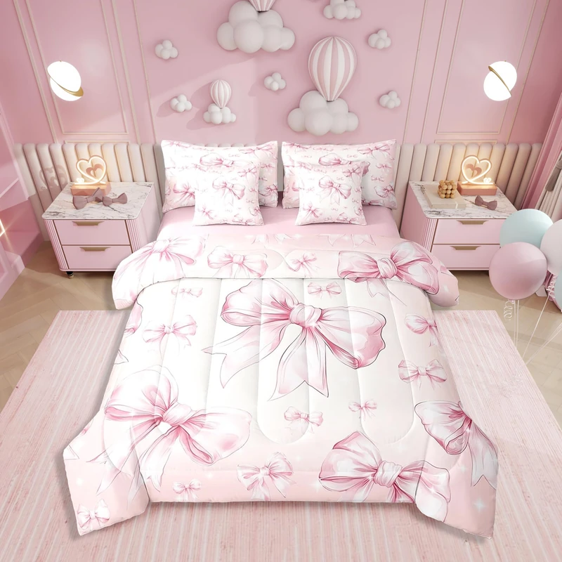 Erosebridal Girls Pink Bow Kawaii Bow Queen Duvet Cover Set 7 Pieces Kids Teens Women Bedroom Decoration Glitter Bow Bed in a Bag