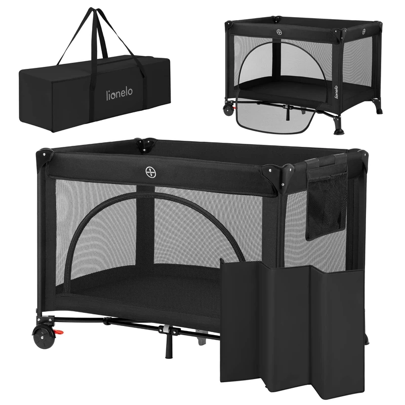 Lionelo Laura Compact 2-in-1 Travel Cot & Playpen with Side Door, 2 Adjustable Mattress Levels, Foam Mattress, Wheels with Brakes & Carry Bag – Lightweight Folding Baby Bed from Birth to 3 Years