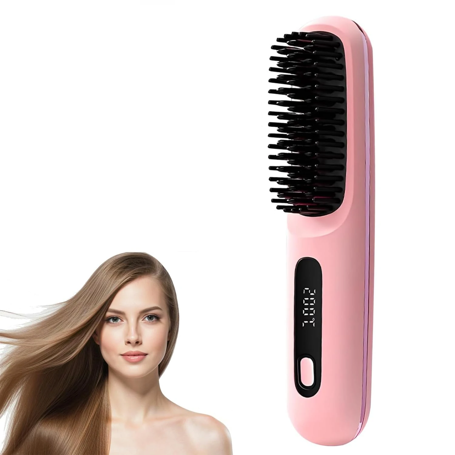 Go Brush Pro, Fast Heating Go Brushs Pro Hair for Curly Hairs, Cordless Hairs Straightener Brushs with Temperature Display, 3 Temps, Portable Straightener Brush for Travel(Pink)