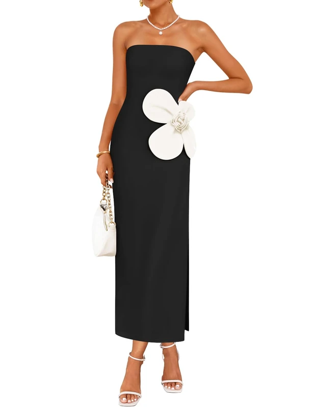 ZESICA Women's Summer Strapless Bodycon Maxi Dress 2025 Ribbed Knit Backless Floral Tube Cocktail Party Long Dresses, Black, S
