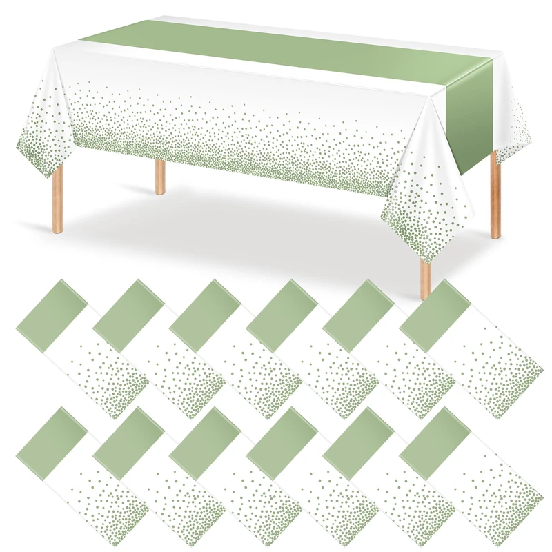 12Pcs White and Sage Green Tablecloth Decorations,Plastic White Table Cloth Printed Green Table Runner Disposable Rectangle Tables Cover for Birthday Wedding Anniversary Graduation Party,54 x108 Inch