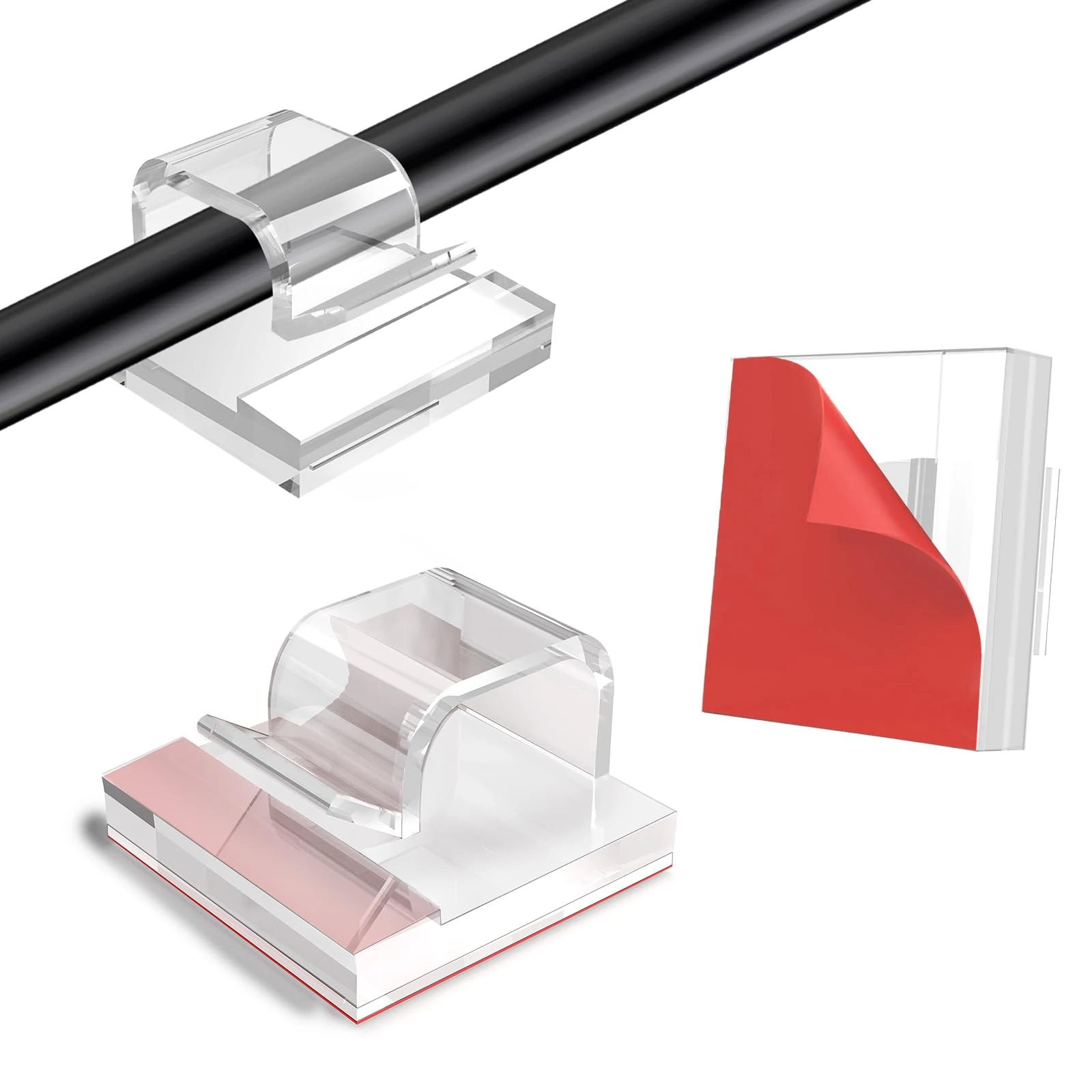 60 PCS Cable Clips Self Adhesive, Outdoor Light Hooks Wire Clips Cable Wire Management Holder for Christmas Decorations, Fairy Lights Desk Office LED (Transparent)