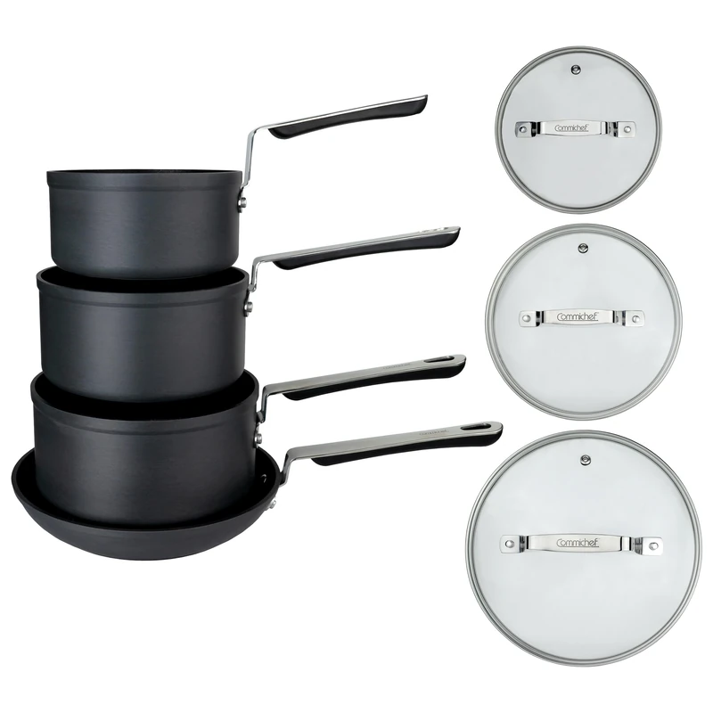 Commichef 4-Piece Cookware Set in Anodised Aluminium with Non-Stick Coating, Includes 16cm, 18cm, 20cm Saucepans with lids & 24cm Frying Pan, Stackable Design