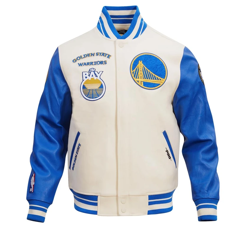 Pro Standard Mens NBA Golden State Warriors Retro Classics Varsity Jacket Eggshell/Royal Blue 3XL