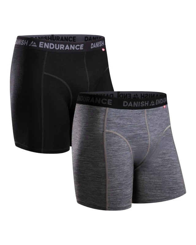 DANISH ENDURANCE Merino Wool Boxers, Odour Resistant, Anti Chafing Hiking Boxers, Optional Fly, 1 or 2 Pack, Multicolor (1xBlack Melange, 1xGrey Melange), M