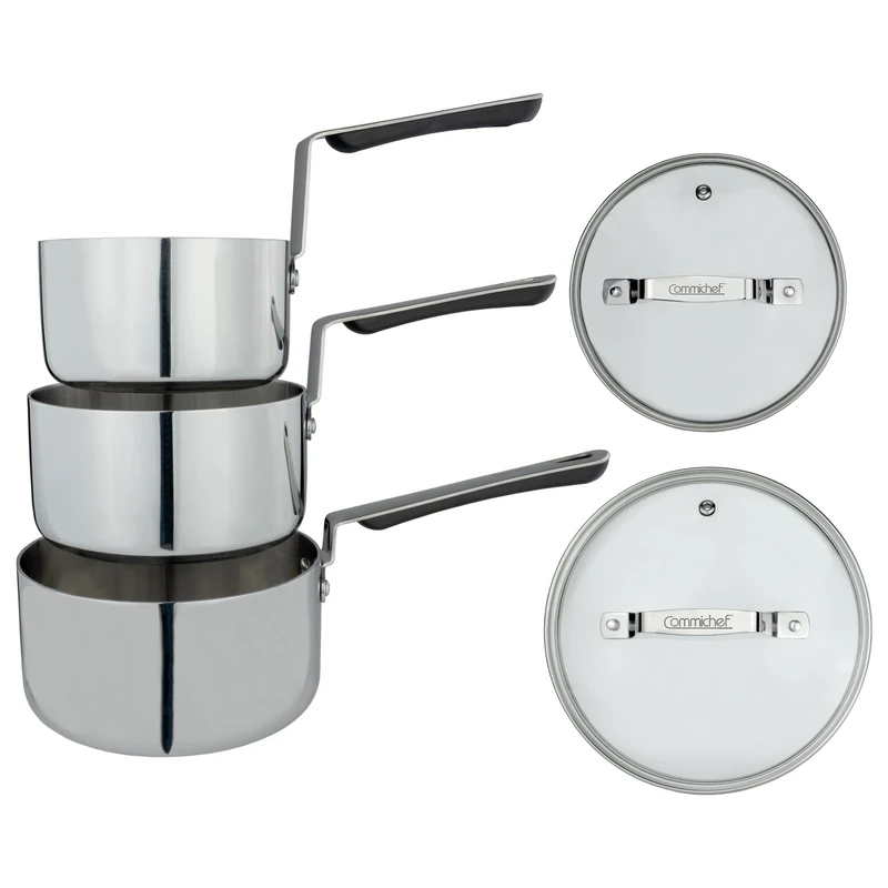 Commichef 3-Piece Cookware Set in Tri-Ply Stainless Steel, Includes 14cm Milk Pan, 16cm Saucepan with lid &18cm Saucepan with lid, Stackable Design