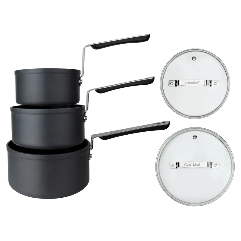 Commichef 3-Piece Cookware Set in Anodised Aluminium with Non-Stick Coating, Includes 14cm Milk Pan, 16cm Saucepan with lid & 18cm Saucepan with lid, Stackable Design