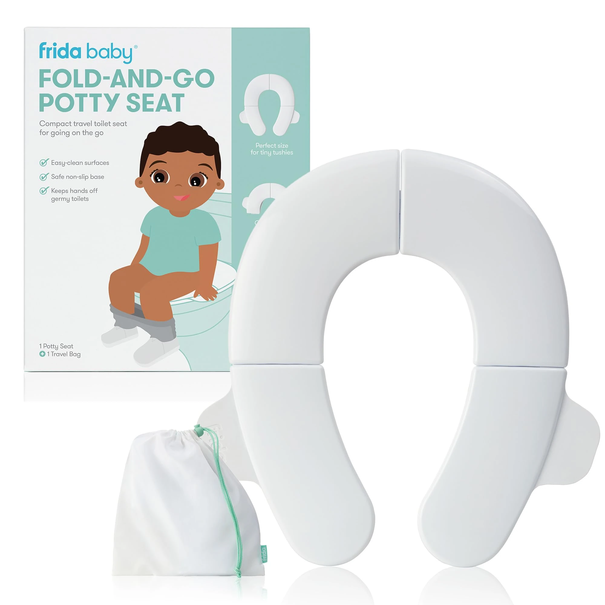 Frida Baby Fold-and-Go Potty Seat | Folding Travel Potty Seat for Boys and Girls, Fits Round & Oval Toilets, Non-Slip Base, Handles, Includes Free Travel Bag