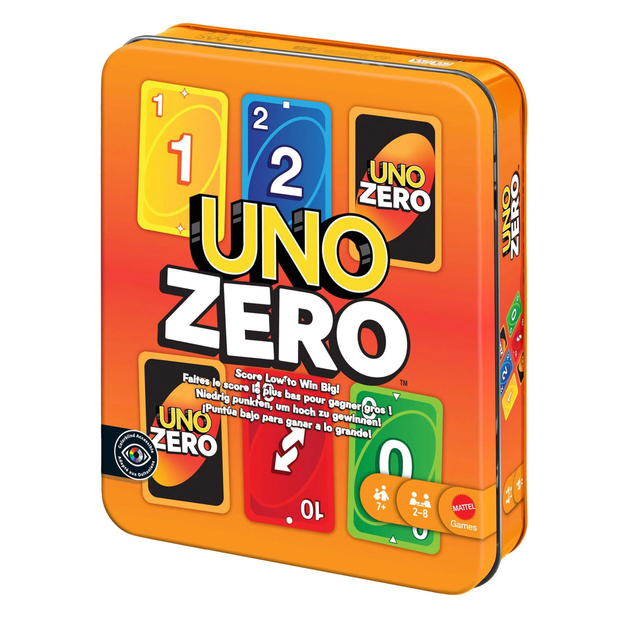 Mattel Games UNO Zero Card Game in Storage & Travel Tin for Kid, Adult & Family Nights & Parties, Includes Deck & Scorecard, 2 to 8 Players Ages 7+ Years, JLK16