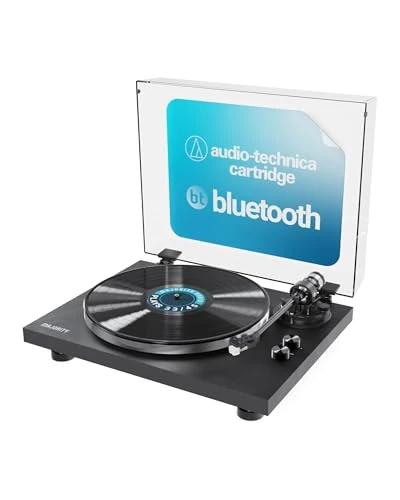Majority Stylo Bluetooth Record Player – Premium Turntable with AT3600L Cartridge, Aluminium Platter, Carbon Fibre Arm, Pitch Control, Anti-Skate, Vinyl Player with Phono/Line Out