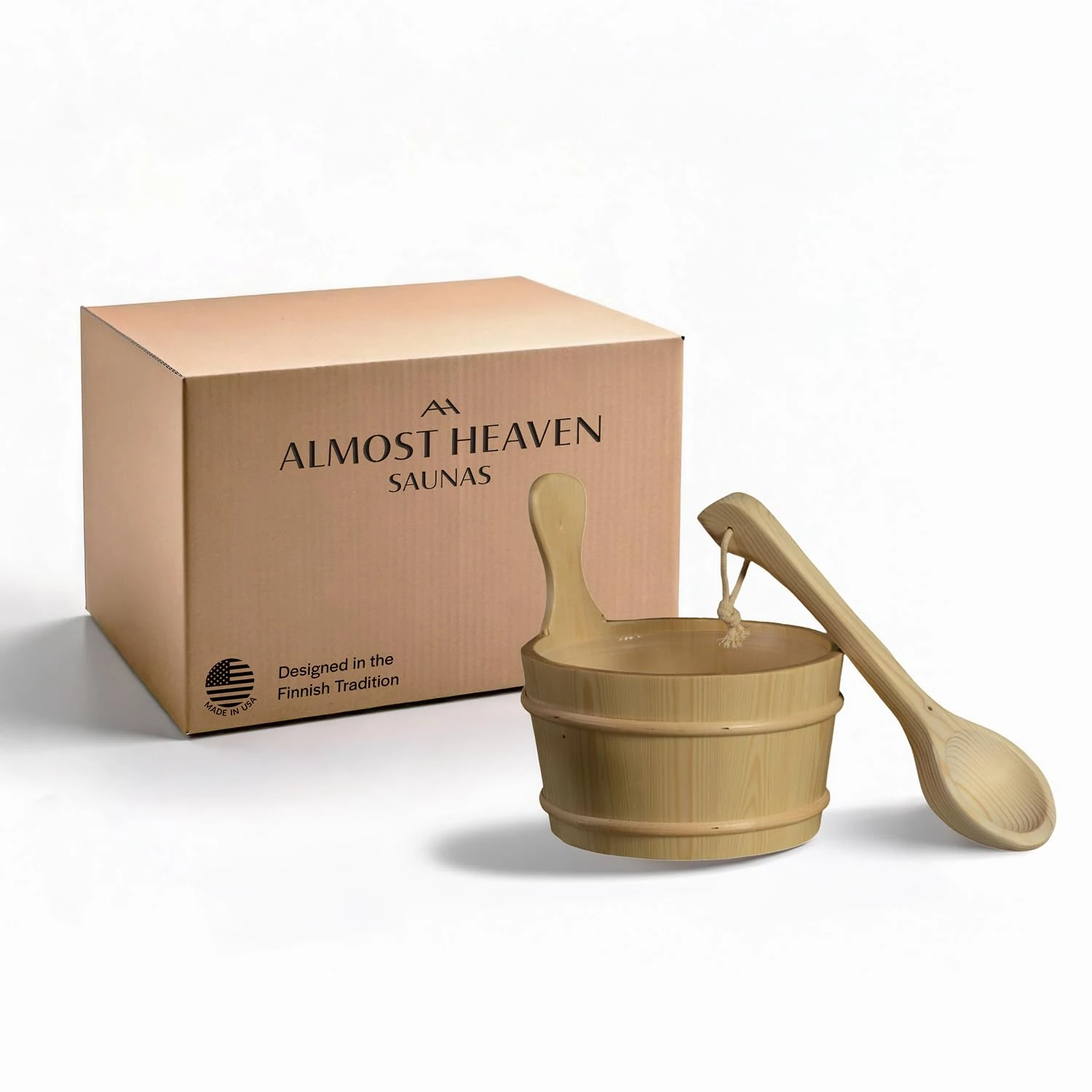 Almost Heaven Saunas Sauna Bucket & Ladle Set, Cedar Wooden Bucket with Handle Handmade in USA, Stoke Hot Rocks in Sauna with Ladle, Sauna Luxury Accessories to for Perfect Amount of Heat & Steam