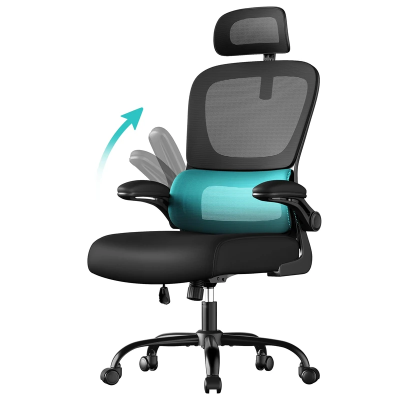 SONGMICS Office Chair, Ergonomic Mesh Chair for Desk, with Double-Layer Breathable Mesh Fabric, Dynamic Lumbar Support, Adjustable Headrest, for Home Office, Ink Black OBN041B01
