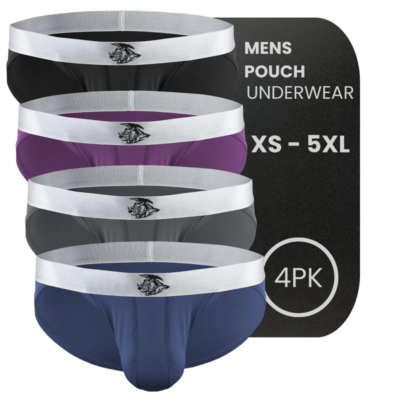 Real Men Ares-Accent Low Rise Bikini Briefs 1-3-6-Pack with ABCD Pouch XS-5XL, 4 Pack: Black, Grey, Blue, Wine, M