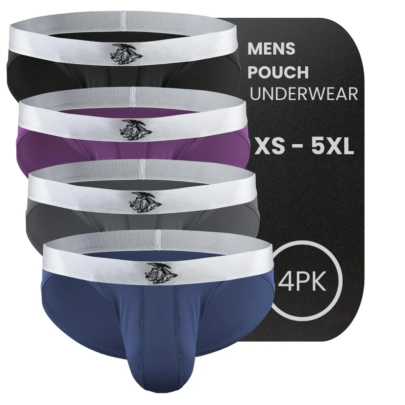 Real Men Ares-Accent Low-Rise Pouch Bikini Brief – 1, 3, 6 Pack with Size ABCD Pouch XS - 5XL, 4 Pack- Black/Gray/Blue/Wineberry, M