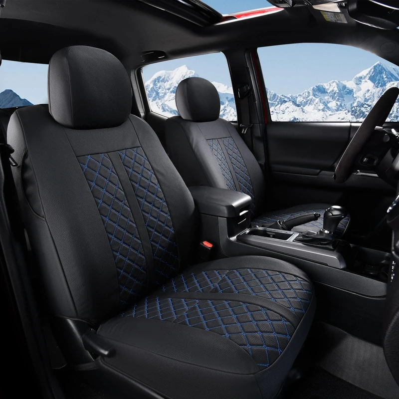 Truckiipa Tacoma Leather Seat Covers Front Pickup Truck Seat Covers Custom Fit for 2005-2015 Toyota Tacoma Double Crew Cab, Front Pair, Black&Blue - Image 1