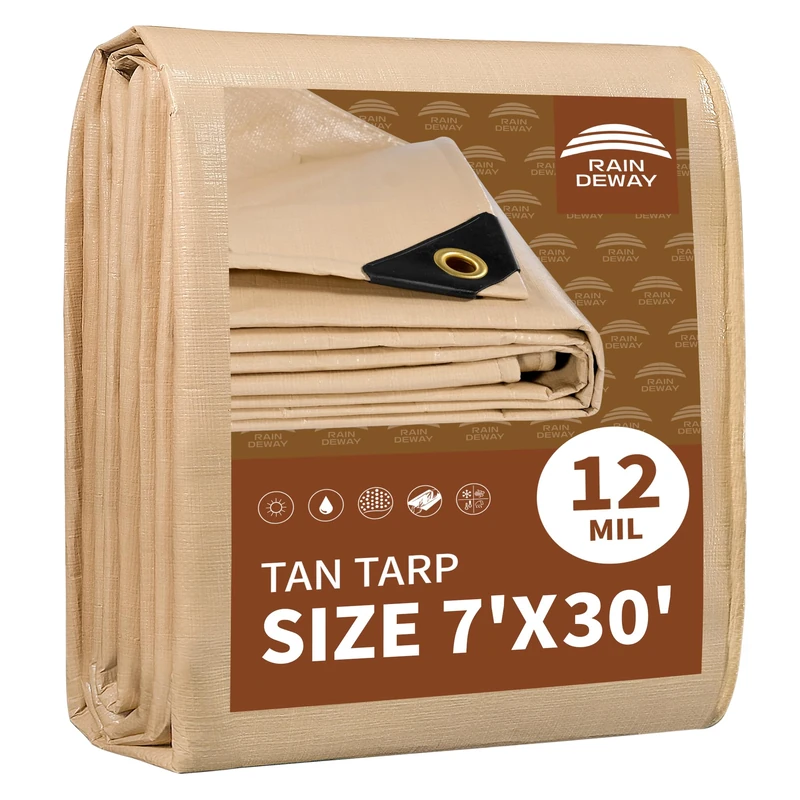 RAINDEWAY 7' X 30' Heavy Duty Tan Poly Tarp Multipurpose Waterproof Cover