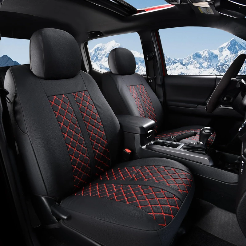 Truckiipa Automotive Seat Covers Fit for Toyota Tacoma Front Seat Leather Waterproof Full Coverage Truck Seat Covers Custom Fit for 2005-2015 Toyota Tacoma Double Crew Cab, Front Pair, Black&Red