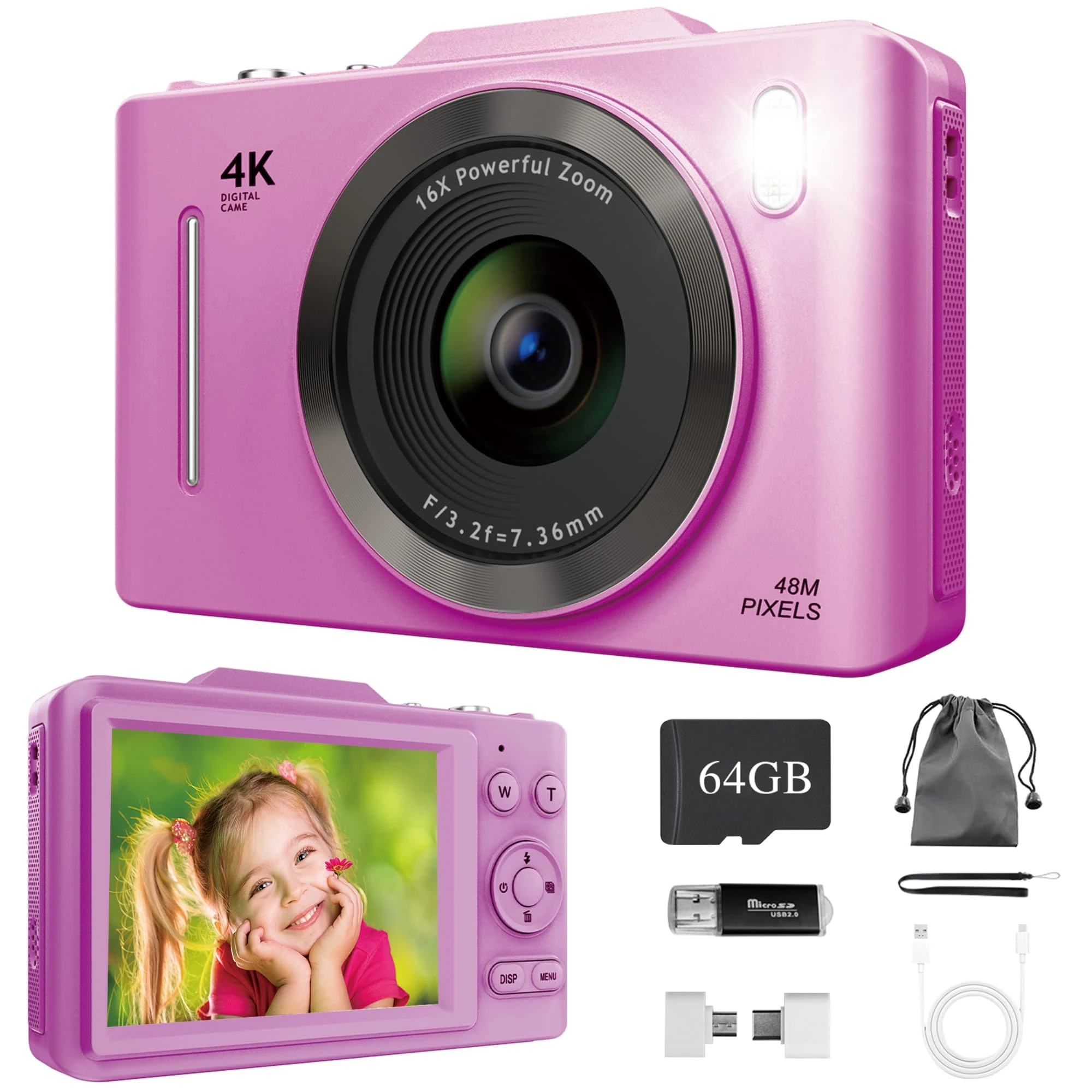 Bemkia Digital Camera 4K 48MP - 16X Zoom & 2.8" LCD Screen, Autofocus | Anti-Shake, All-in-One Vlogging Camera with 64GB Memory Card for Kids Beginners Students (Purple)
