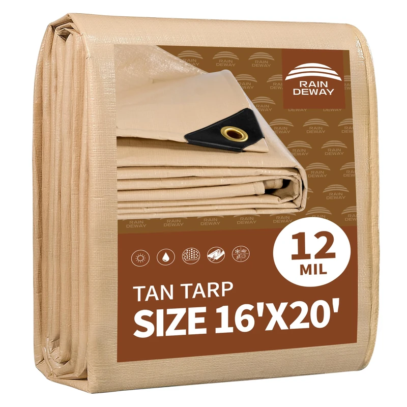 RAINDEWAY 16' X 20' Heavy Duty Tan Poly Tarp Multipurpose Waterproof Cover