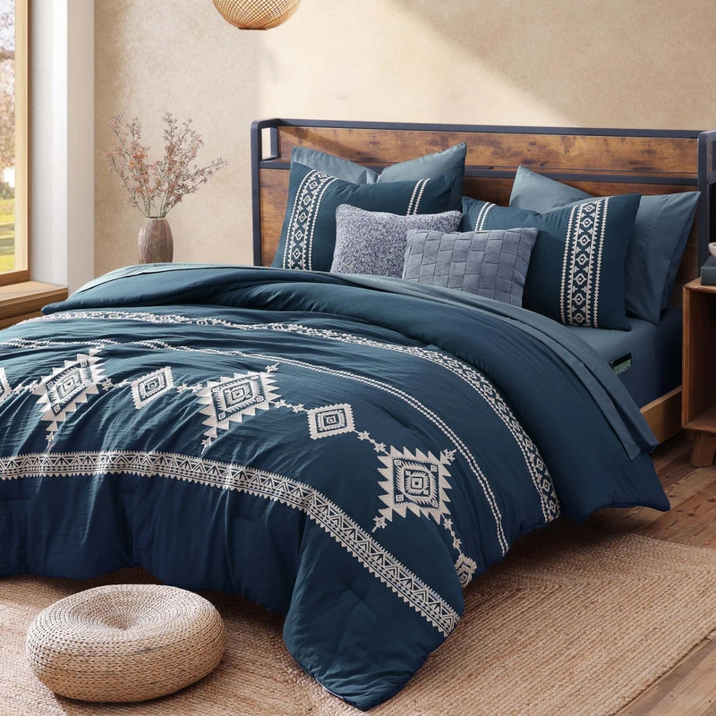 MaiRêve Embroidery King Size Comforter Set 7 Pieces Navy Blue Bed in a Bag