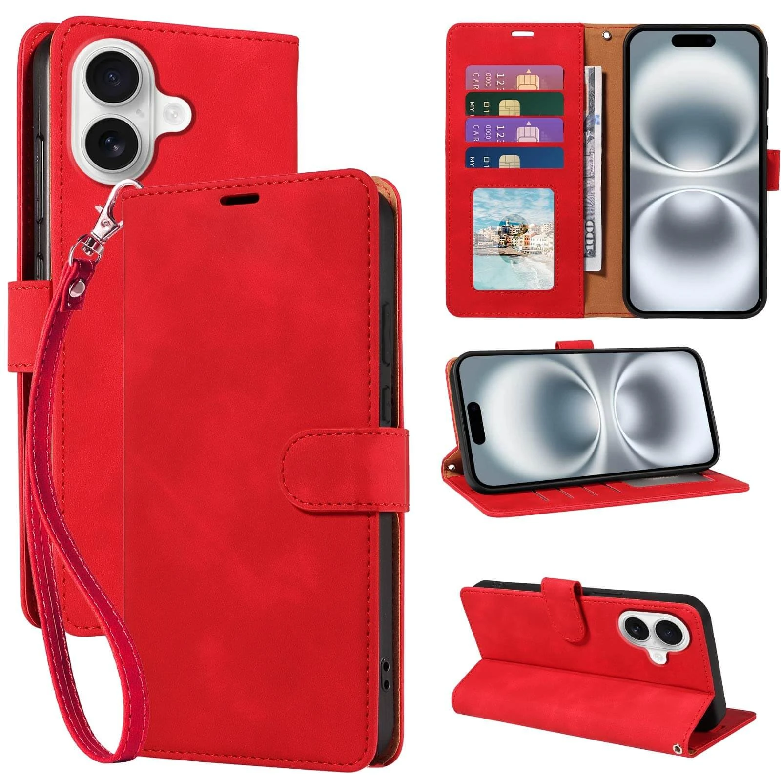 GOTOURED for iPhone 16 Wallet Case, RFID Blocking 4 Card Slots Holder, Soft Leather Protective, Kickstand, Wrist Strap, Shockproof Folio Flip Cases for iPhone 16 Cover (Red)