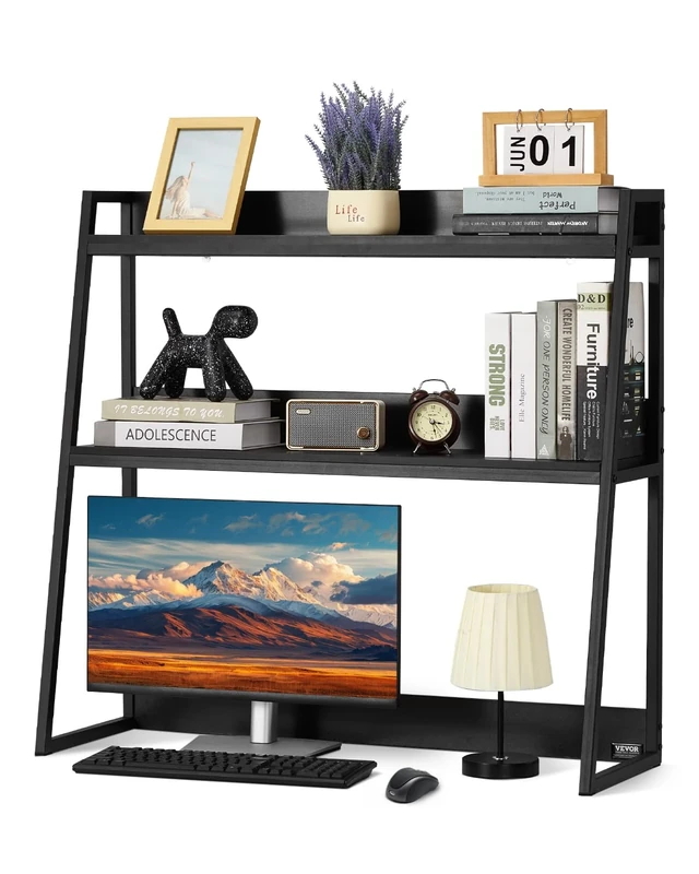 VEVOR Desktop Bookshelf, 2-Tier Desktop Storage Organizer, 37.4" x 12.6" x 35.4" Office Desk Storage Rack Display Shelf, Desktop Bookshelf Hutch with Anti-Slip Feet Pads, for Office, Home & Dorm Black