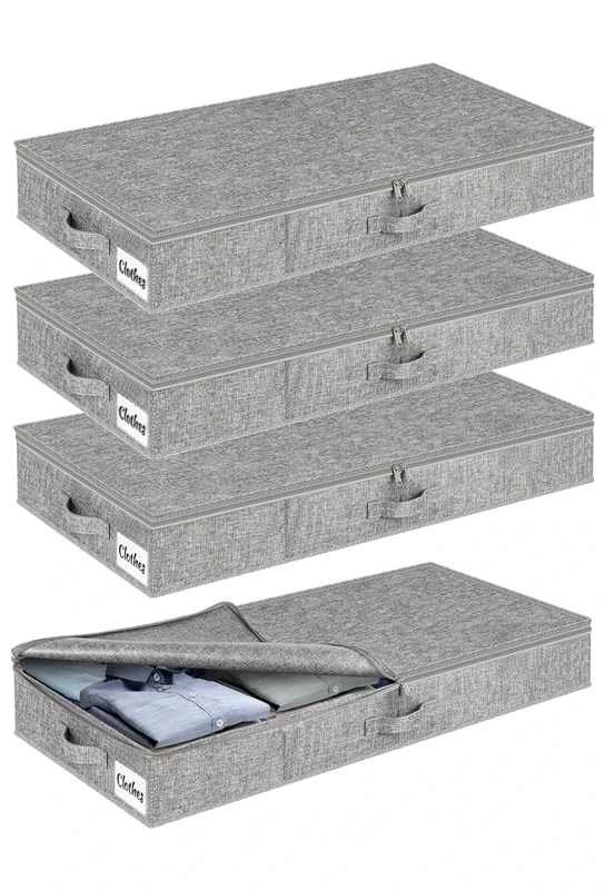 Under Bed Storage Box with Lid 4 Pack, 12cm Slim Low Profile Underbed Clothes Organiser for Home, Blanket and Toy Storage Box Under Sofa and Cot, Bedroom Organiser Bins with Lids for Clothes, Shoes
