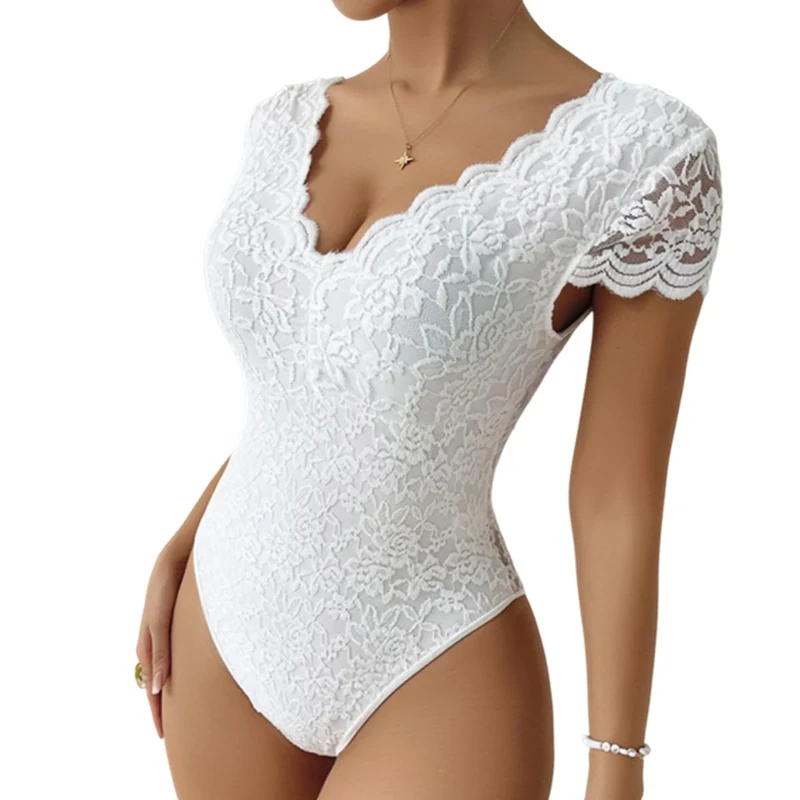 SamHeng Sexy Lace Bodysuit for Women, V Neck Short Sleeves Slim Fit Body Suit Jumpsuit Shapewear Backless See-Through Floral Lace Leotard Tops with Snap Closure Ladies Going Out Casual Top (White-M)