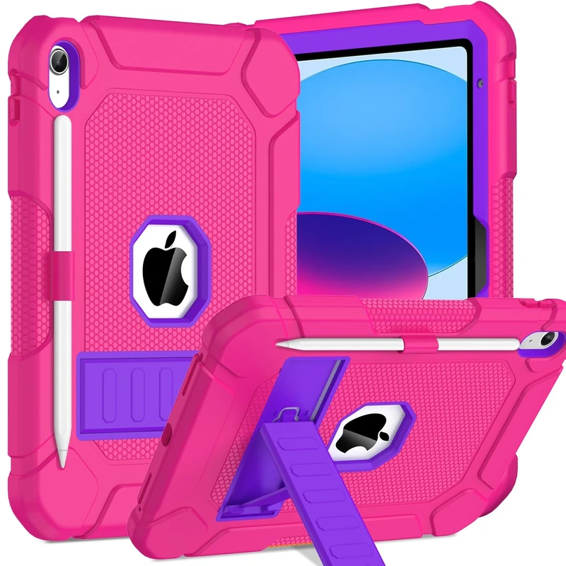 TOPWANT Case for iPad (A16) 11th/10th Generation (11/10.9 inch) 2025/2022, Heavy Duty Shockproof Rugged Protective iPad 11th/10th Generation Case with Kickstand & Pencil Holder, Rose+Purple