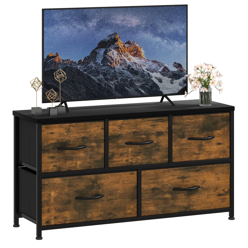 DWVO Chest of Drawers, 5 Fabric Drawers Bedroom Cabinet,Dresser for Bedroom,Living Room With Handles,Wood Top and Sturdy Steel Frame,Rustic Brown