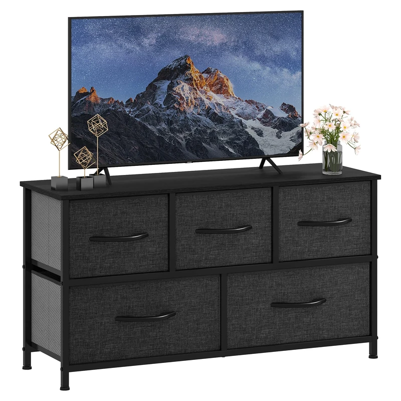 DWVO Chest of Drawers, 5 Fabric Drawers Bedroom Cabinet,Dresser for Bedroom,Living Room With Handles,Wood Top and Sturdy Steel Frame, Black Grey