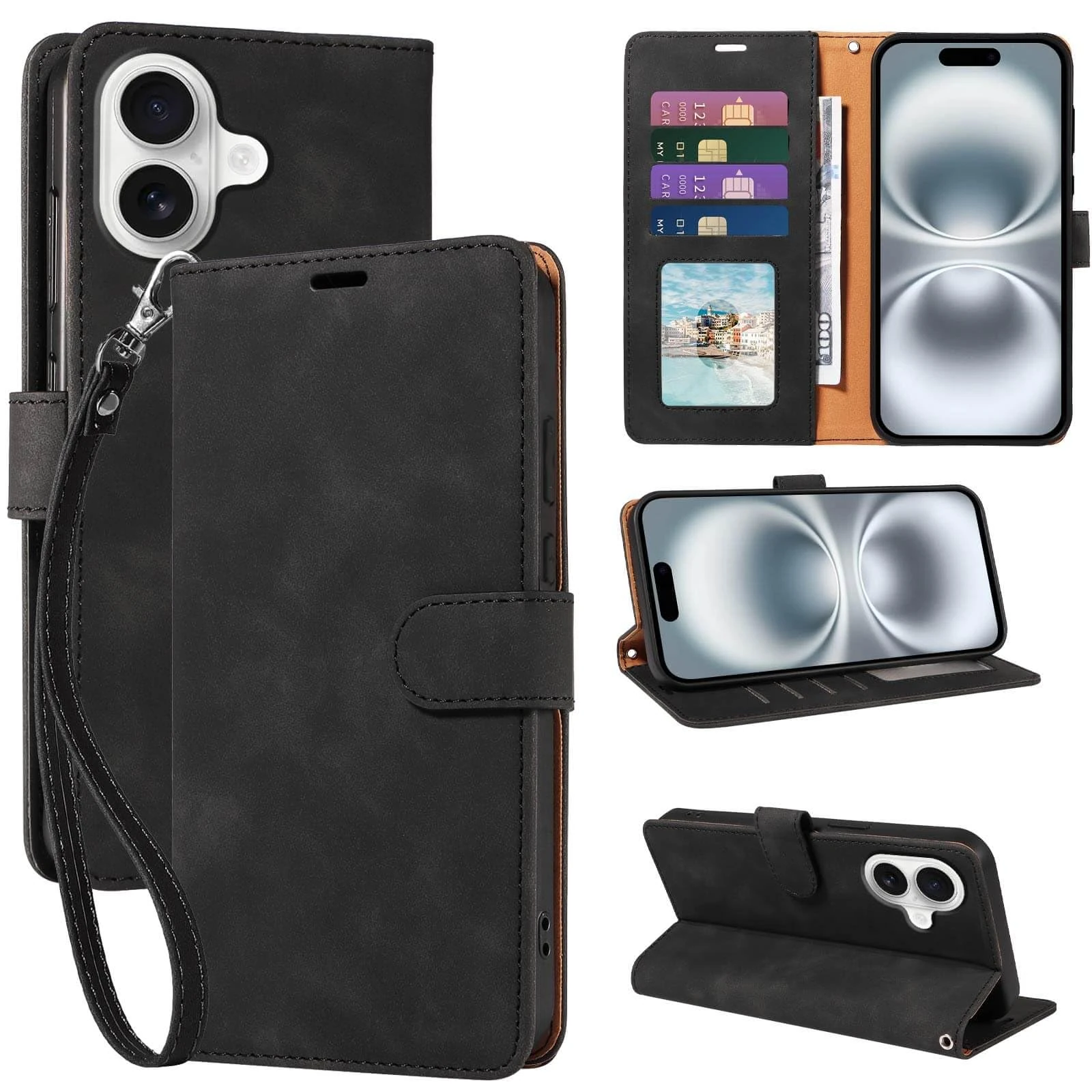 GOTOURED for iPhone 16 Case Wallet, [RFID Blocking 4 Card Slots] [Wrist Strap] [Kickstand] [Magnetic Closure] Shockproof Protective Leather Flip Cover Phone Case for iPhone 16 (Black)