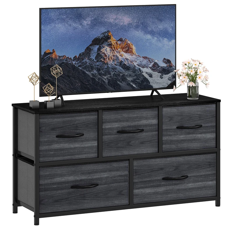 DWVO Chest of Drawers, 5 Fabric Drawers Bedroom Cabinet,Dresser for Bedroom,Living Room With Handles,Wood Top and Sturdy Steel Frame,Charcoal Black Wood Grain