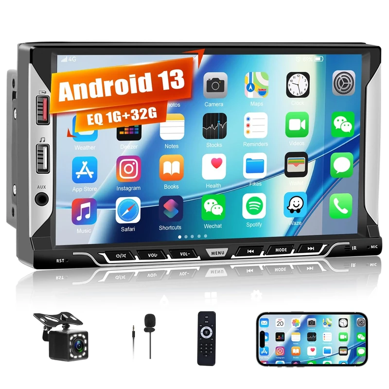 OiLiehu 1G+32G Double Din Android 13 Car Stereo, 7'' IPS Touchscreen 2 Din Car Radio with WiFi, GPS, Mirror Link, Bluetooth, EQ, FM/RDS Radio, SWC, 6 USB Ports, AUX, Backup Camera