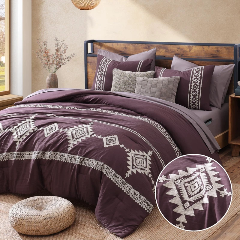 MaiRêve Embroidery Queen Comforter Set 7 Pieces Purple Western Bed in a Bag