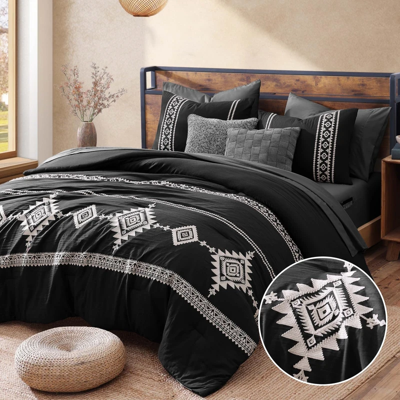 MaiRêve Embroidery Full Size Comforter Set 7 Pieces Black Bed in a Bag
