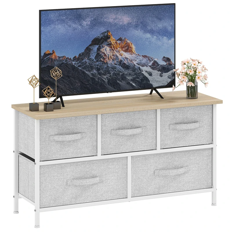 DWVO Chest of Drawers, 5 Fabric Drawers Bedroom Cabinet,Dresser for Bedroom,Living Room With Handles,Wood Top and Sturdy Steel Frame, Light Grey