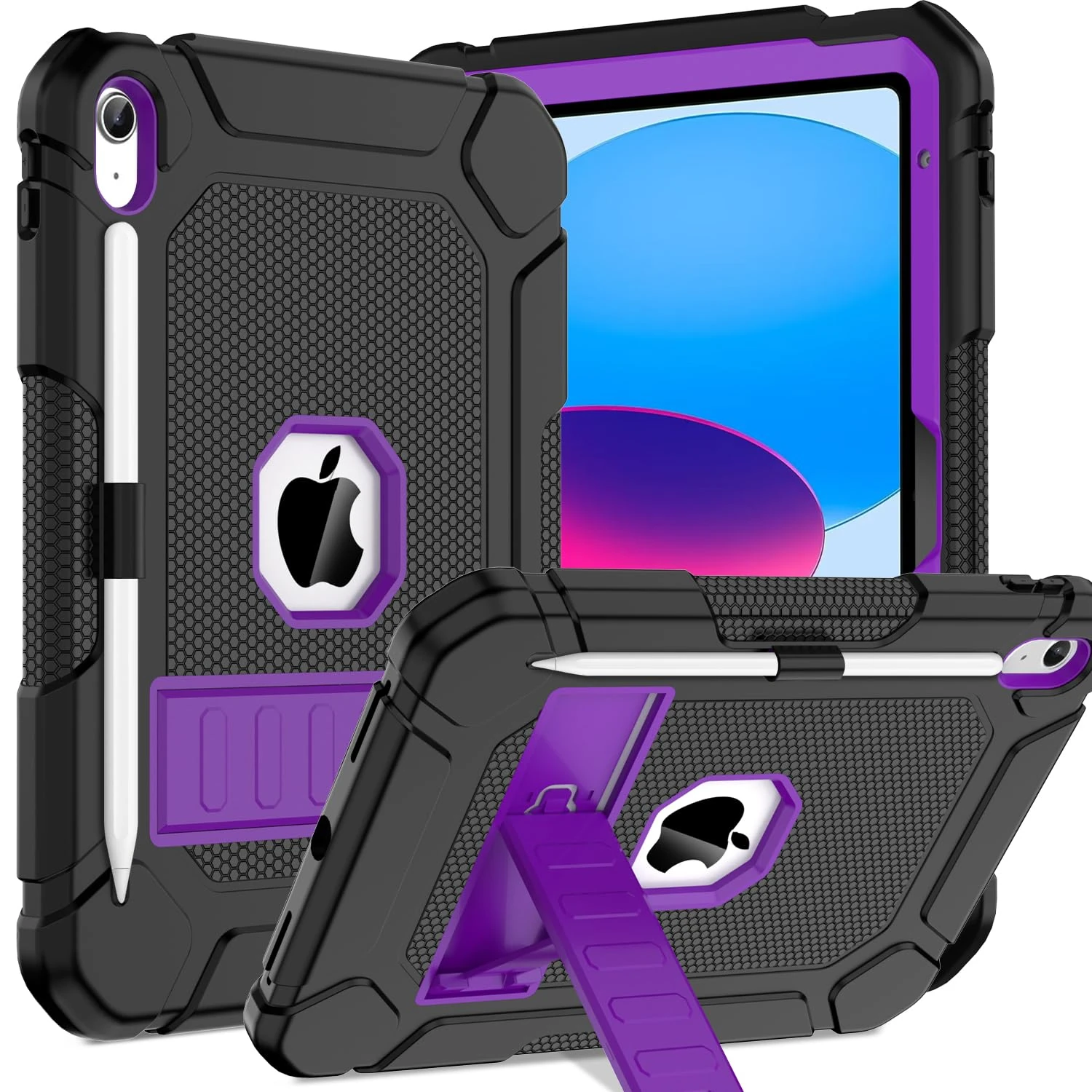 TOPWANT Case for iPad (A16) 11th/10th Generation (11/10.9 inch) 2025/2022, Heavy Duty Shockproof Rugged Protective iPad 11th/10th Generation Case with Kickstand & Pencil Holder, Black+Purple