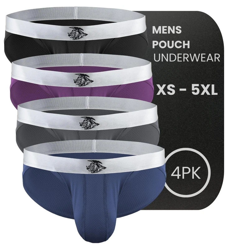 Real Men Ares-Accent Low-Rise Pouch Bikini Brief – 1, 3, 6 Pack with Size ABCD Pouch XS - 5XL, 4 Pack- Black/Gray/Blue/Wineberry, L