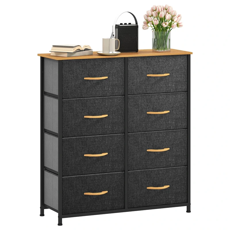 DWVO Chest of Drawers, 8 Fabric Drawers Bedroom Cabinet,Dresser for Bedroom,Living Room With Handles,Wood Top and Sturdy Steel Frame, Dark Grey