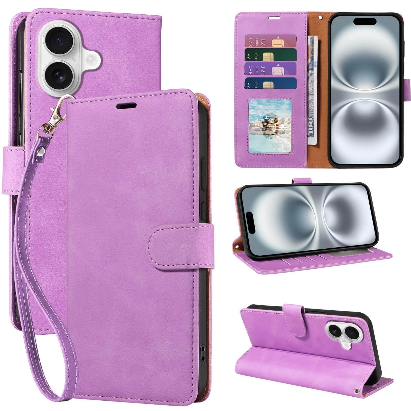 GOTOURED for iPhone 16 Case Wallet, [RFID Blocking 4 Card Slots] [Wrist Strap] [Kickstand] [Magnetic Closure] Shockproof Protective Leather Flip Cover Phone Case for iPhone 16 (Purple)