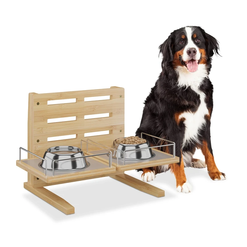 Relaxdays Dog Feeding Station, Height-Adjustable, HWD: 37x55x36 cm, Pet Food Bowl Stand, Silicone Mat, Bamboo, Brown