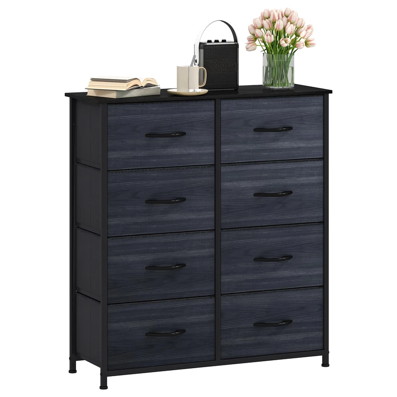 DWVO Chest of Drawers, 8 Fabric Drawers Bedroom Cabinet,Dresser for Bedroom,Living Room With Handles,Wood Top and Sturdy Steel Frame,Charcoal Black Wood Grain