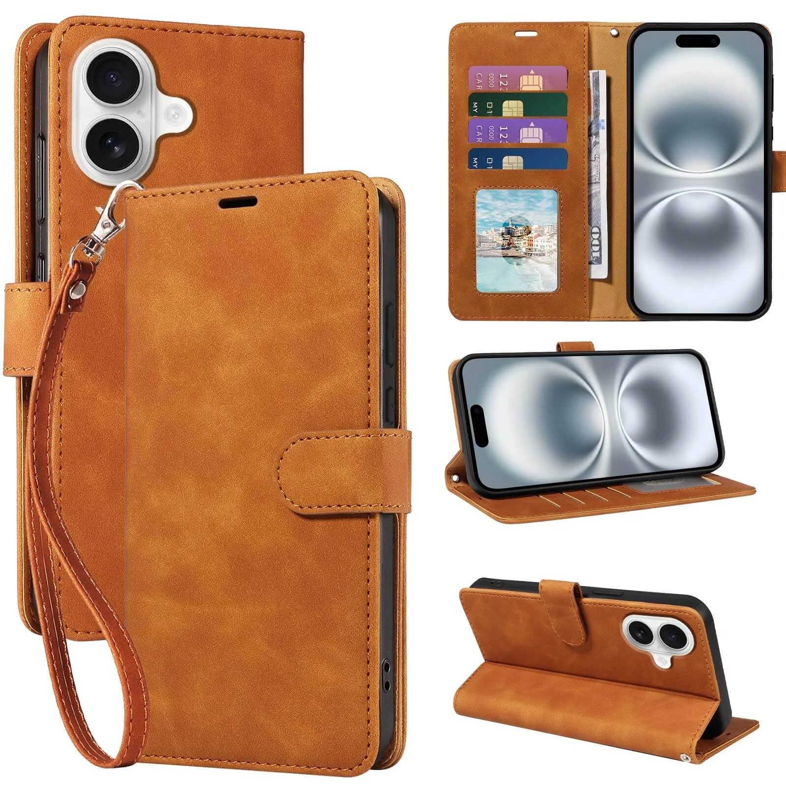 GOTOURED for iPhone 16 Wallet Case, RFID Blocking 4 Card Slots Holder, Soft Leather Protective, Kickstand, Wrist Strap, Shockproof Folio Flip Cases for iPhone 16 Cover (Brown)