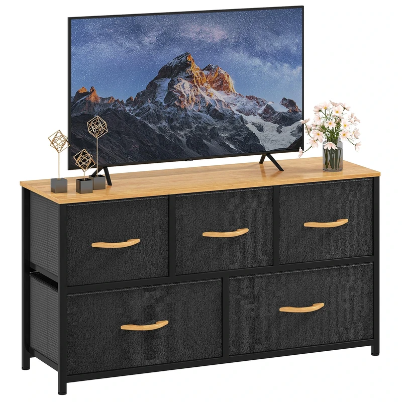 DWVO Chest of Drawers, 5 Fabric Drawers Bedroom Cabinet,Dresser for Bedroom,Living Room With Handles,Wood Top and Sturdy Steel Frame, Dark Grey